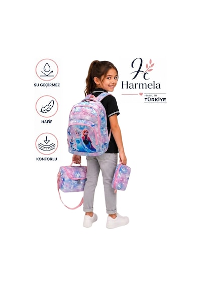 3'lü Set Kız Çocuk İlk Okul Sırt Çantası Karekter Desenli Beslenme Ve Kalemlik İlkokul Çantası Mavi - Pembe - Turuncu