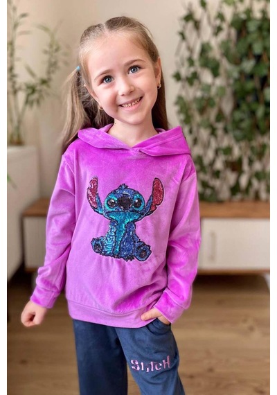 Riccotarz Kız Çocuk Stitch Karakter Baskılı Pullu Sweatshirt Mor Kadife Eşofman Takım Riccotarz Kız Çocuk Stitch Karakter Baskılı Pullu Sweatshirt Mor Kadife Eşofman Takım