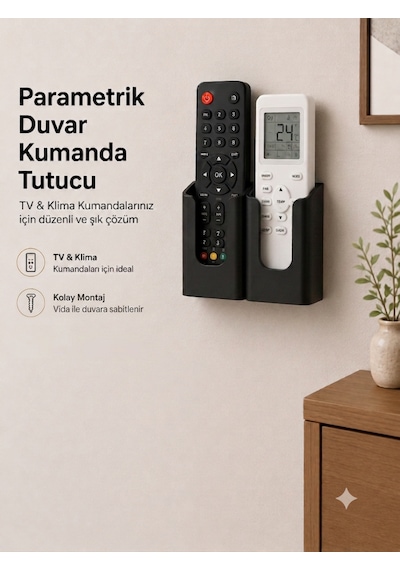 Duvara Monte Kumanda Tutacağı Yapışkanlı Veya Vidalı Tv Klima Kumandası Aparatı 5,5x3 Cm İç Ölçü - 2 Adet Siyah