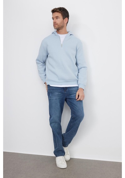 Tudors Unisex Relax Fit Rahat Kesim Pamuklu İçi Polarlı Yarım Fermuarlı Mavi Kapüşonlu Sweatshirt-37029
