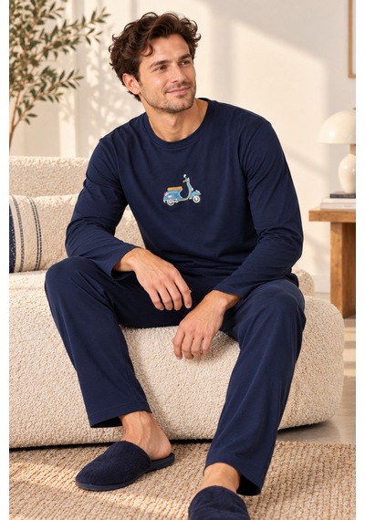 Free Beka Erkek Nakışlı Lacivert Uzun Kollu Penye Kumaş Mevsimlik Pijama Takımı Çok Renkli