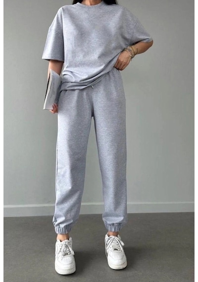 Hırsch Kadın Oversize Düz Gri Eşofman T-shirt Takım Gri