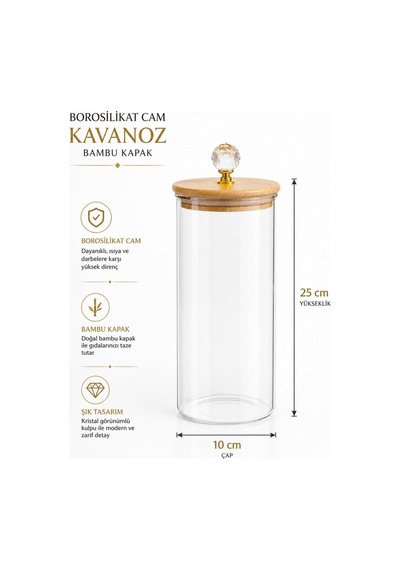 Morponi 3'lü Borosilikat Cam Bambu Kristal Şeffaf Kapaklı Kavanoz Seti 1900 Ml Alk