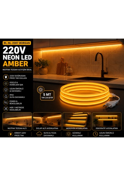 Amber 5 Metre Tak Çalıştır Yüksek Performanslı Borsan 220v Neon Led Amber Montaj Aparatı Dahil 5 Metre Amber