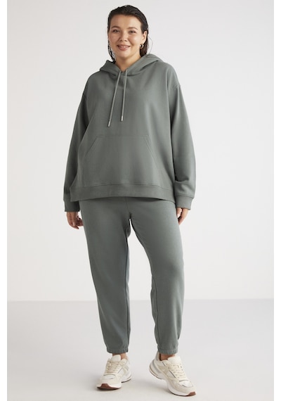 ETHIQUET TEREZABB Kadın Içi Polarlı Yumuşacık Comfort Fit Kapüşonlu Kanguru Cep Yeşil Büyük Beden Sweatshirt