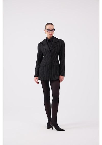 Holly Lolly Belden Oturmalı Çizgili Fit Kesim Karen Blazer Ceket Siyah