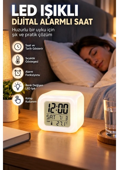 Ers Dekoratif Küp Saat Led Işıklı Dijital Saat Alarm Ve Sıcaklık Özellikli