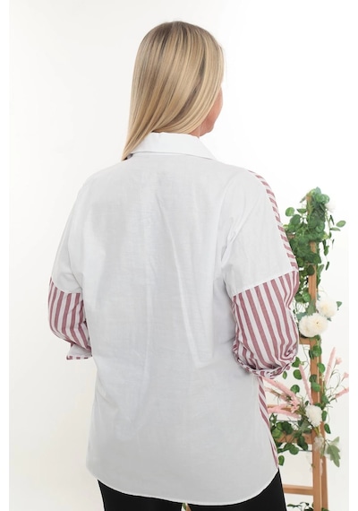 Lady Majestic %100 Cotton Rahat Kalıp Çizgili Büyük Beden Kadın Uzun Kollu Gömlek Bordo