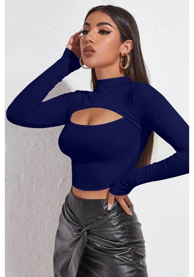 Beru Kadın Lacivert Göğüs Dekolteli Uzun Kollu Cut Out Crop Top Bluz L - XL