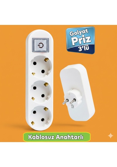 Beyaz 3'lü Grup Priz Golyat Anahtarlı Düğmeli Fiş Priz Topraklı Çoklu Çoğaltıcı Kablosuz Üçlü Piriz