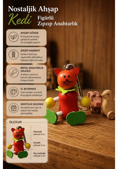 Nostaljik Ahşap Kedi Figürlü Zıpzıp Anahtarlık