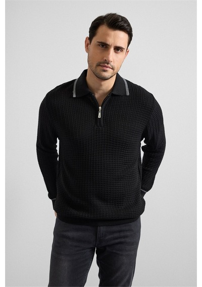 Süvari Siyah Regular Fermuarlı Polo Yaka Kazak Tr2013700497-s09 Siyah