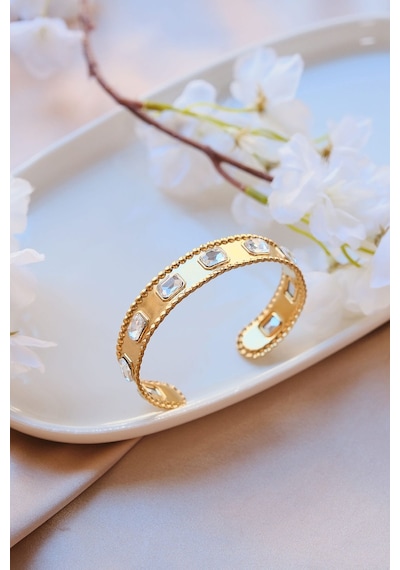 Gold Vintage Baget Zirkon Taşlı Çelik Kelepçe Bileklik Gold