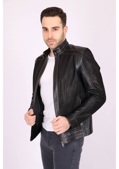Aclassics Erkek Siyah Hakiki Deri Hakim Yaka Biyeli Spor Mont