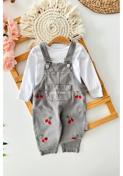 Miniğimin Cicileri Kiraz İşleme Detaylı Kız Bebe 2 Li Salopet... Gri