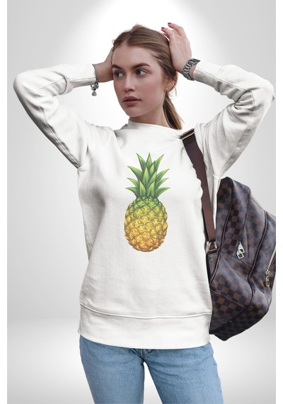Ananas Meyve Unisex Beyaz Baskılı Sweatshirt Beyaz