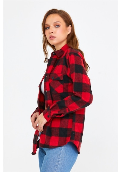 Tarz Cool Kadın Kırmızı Slim Fit Cepli Ekoseli Oduncu Gömlek-kkkodg001r07s Kırmızı