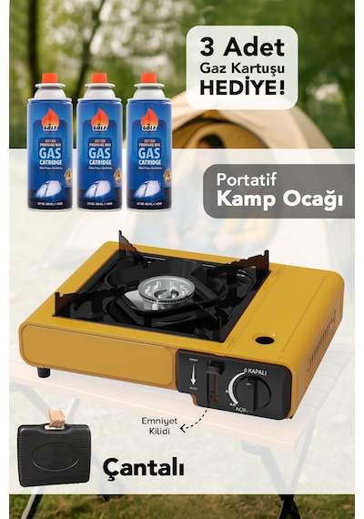Portatif Kamp Ocağı - Taşıma Çantalı Gazlı Stop Emniyetli Sarı Kamp Ocağı Ve 3 Adet 227 Gr Kartuş Sarı