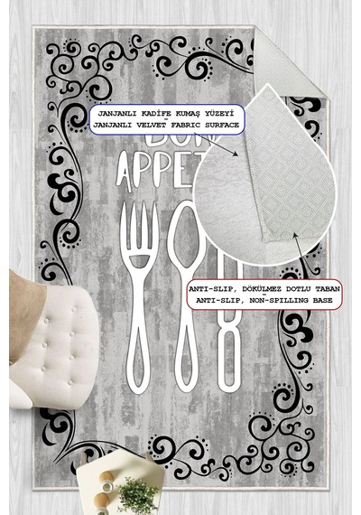 Bon Appetit Yazılı Desenli Baskılı Kaymaz Yıkanabilir Mutfak Halısı Yolluk gri