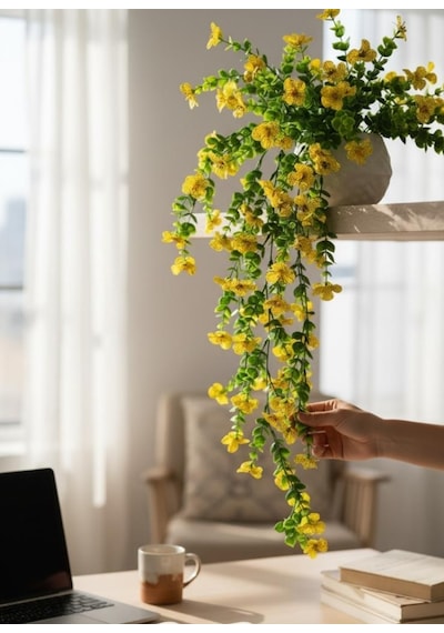 Yapay Çiçek Sarı Sarkan Mineli Okaliptus Şimşir Yapay Sarmaşık 5dal 60cm Sarı
