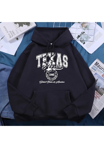 Tarzsokak Texas Austin Amerika Birleşik Devletleri Hoodies Kadın Polar Ekip Boyun Kapşonlu Yaratıcı Yen Siyah