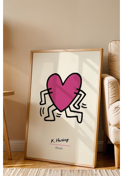 Keith Haring Heart Çerçeveli Tablo - Kalp - Eklektik Tarz Duvar Dekoru