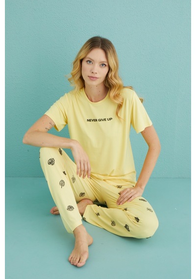 Mihra Kadın Pijama Takımı Kısa Kol Sıfır Yaka Yazlık Sarı