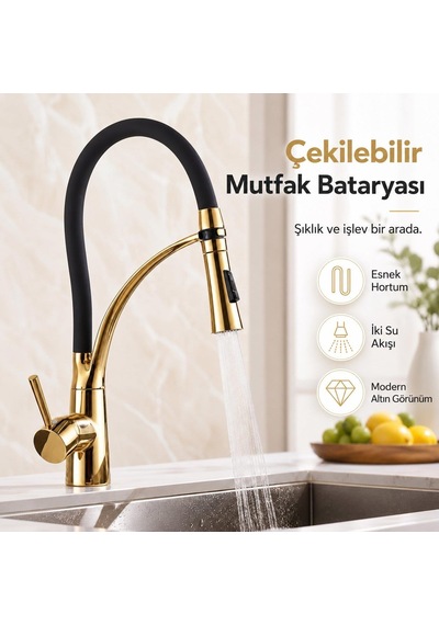 Valkyrie Çekilebilir Başlıklı Mutfak Bataryası 2 Akışlı Esnek Hortumlu Altın Siyah Siyah - Altın