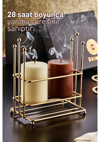 Grimorlife 3 Lü Özel Kutulu Dekoratif Yılbaşı Yeni Yıl Hediyelik Gold Mumluk Seti - Kahverengi Ve Bej Rengi Mum Diğer