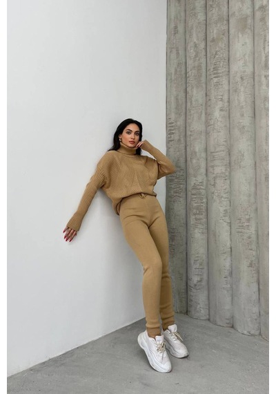 Neşeli Butik Kadın Camel Fitilli Balıkçı Yaka Alt Üst Triko Takım Nbdm1215