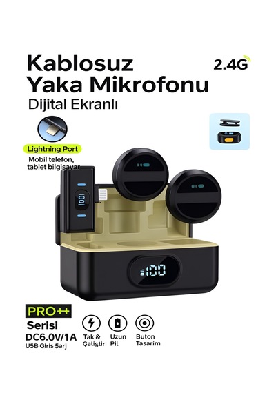 Lightining Girişli 300mah Dijital Göstergeli 2.4g Kablosuz Çift Yaka Mikrofonu Pro++