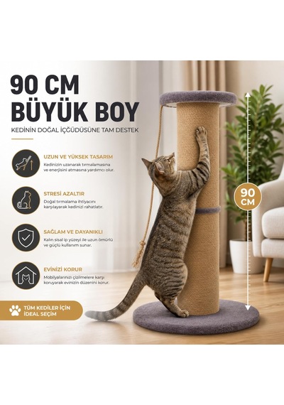 Dev Büyük Boy Kedi Tırmalama Borusu, 20 Cm Çaplı 90 Cm Yüksek Gerginlik Azaltıcı Tırmalama Yüzeyli Üstten Otu