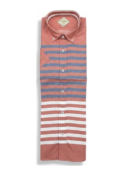 Slim Fit Pamuklu Çizgili Pano Desen Kısa Kollu Gömlek Slim Fit Kalıp Pembe