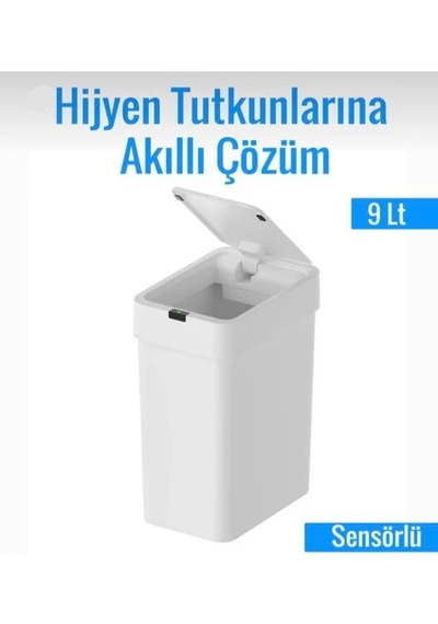 Sensörlü Çöp Kovası 9 Litre Beyaz Kızılötesi Sensörlü Otomatik Kapak Sessiz & Antibakteriyel Beyaz