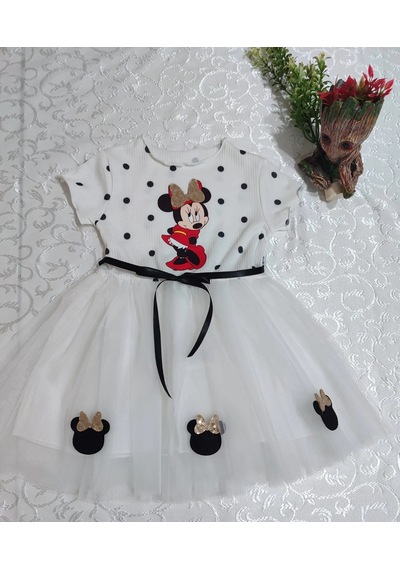 Pekminibebe 2-3-4 Yaş Puantiyeli Mickey Baskılı Kurdela Kuşaklı Astarlı Kız Bebek Tütü Elbisesi Beyaz