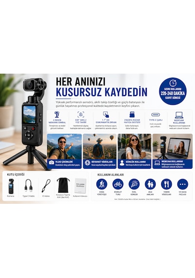 4k Vlog Kamerası 64mp 2 Eksen Mekanik Gimbal 330 Akıllı Yüz Takibi 1.7'' Hd Dokunmatik Ekran Wifi Webcam Type-c
