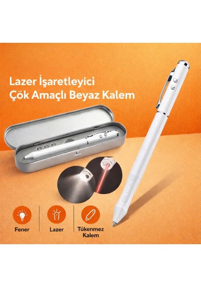 Metal Kutulu Kırmızı Lazerli, Beyaz Led Işıklı Pointer İşaretçi Kalemi Metal Tükenmez Kalem