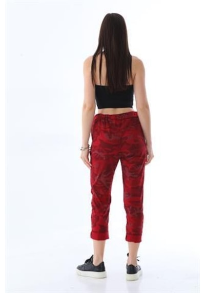 Eren Style Italyan Beli Bağlamalı Kamuflaj Desenli Dar Paça Pantolon-9078 Kırmızı
