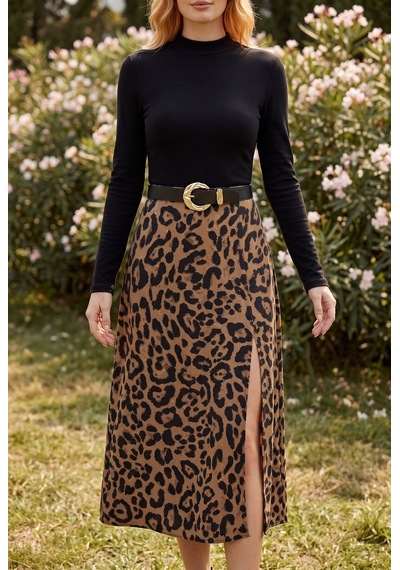 Soulshae Leopar Desenli Yırtmaçlı Kemerli Midi Etek Siyah
