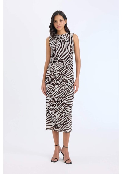 Defacto Bodycon Vücudu Saran Yarım Balıkçı Yaka Zebra Desenli Tül Kolsuz Midi Elbise E2903AX25SP Kahve