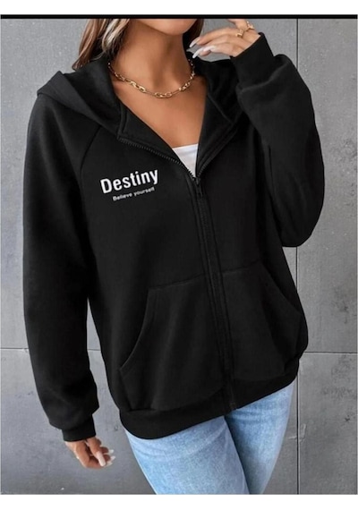 Altamira Kadın Siyah Destiny Baskı Fermuarlı Kapüşonlu Oversize Hırka 001