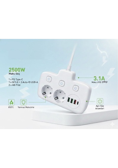 Plentiful 2500w Güçlü Akım Korumalı 3 Usb + Type-c Portlu Çoklu Priz Hızlı Şarj, Çocuk Kilidi, 850 C Yanmaz Malzeme 2