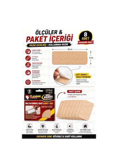 Halı Kaydırmaz Bant 8 Adet 4x10 Cm Çift Taraflı Güçlü Yapışkan Hazır Kesilmiş İz Bırakmayan Halı Sab