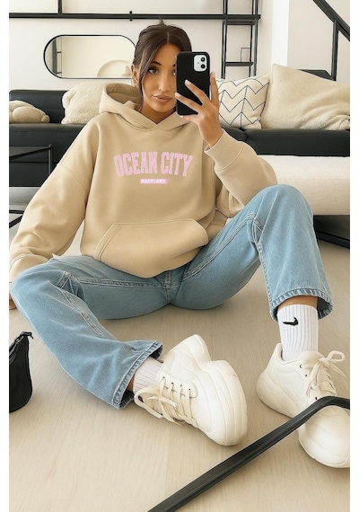Benroma 3 İplik Penye Ocean Cıty Baskılı Sweatshırt Bej