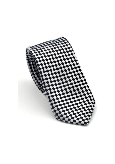 Gaffy Siyah Piti Kare Desenli Beyaz Dokuma Kumaş Mendilli Slim Fit Kravat // Sdk-2503-4 Beyaz