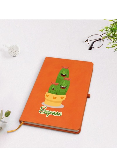Kişiye Özel Kaktüs Tasarımlı Turuncu Termo Deri Defter Model 9