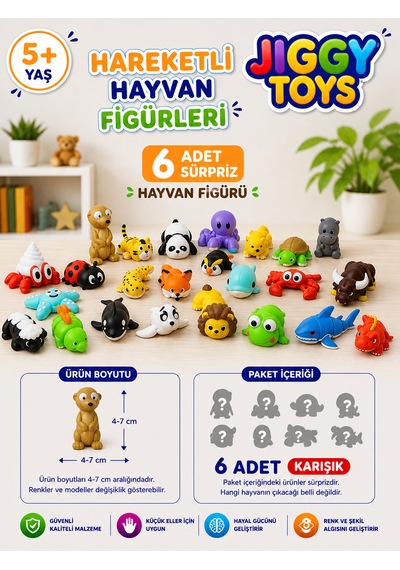 6 Adet Eklemleri Hareketli, Organik, Eğitici Minik Hayvan Figür Sürpriz Figürler