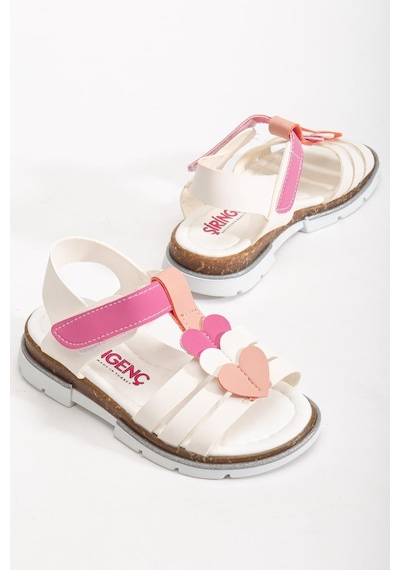 Şirin Genç Ortopedik Kalpli Beyaz Fuşya Kız Çocuk Sandalet-2904 Beyaz - Fuşya - Pembe