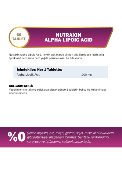 Nutraxin Alpha Lipoik Asit 200 Mg İçeren Takviye Edici Gıda 1 X 60 Kapsül Sku: Smg8690010389213