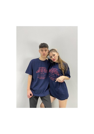 Flood Of Style Unisex Tshirt Lacivert Optımıstıc Baskılı Sevgili Çift Kombini 2 'li Set